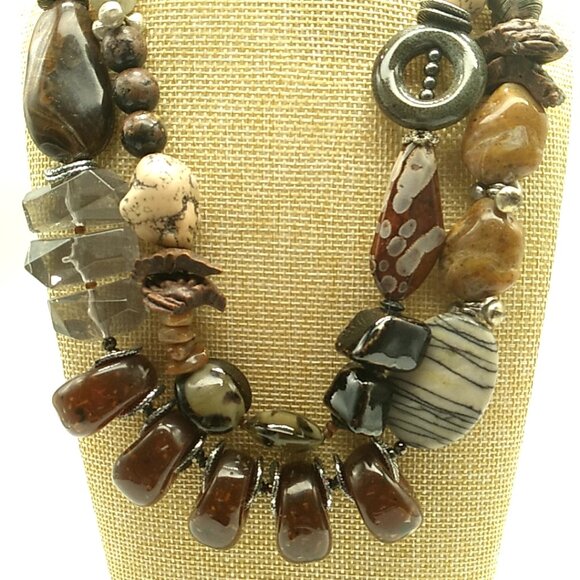 Treska Tribal Double Strand Beaded Necklace Earth Tones Signed - Picture 1 of 16
